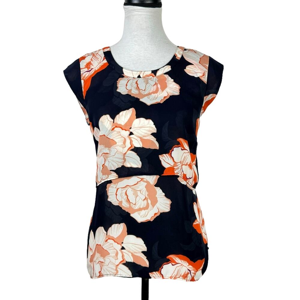 Cabi 5030 Blossom Top Orange Floral Print Relaxed Fit Sleeveless Layered Blouse